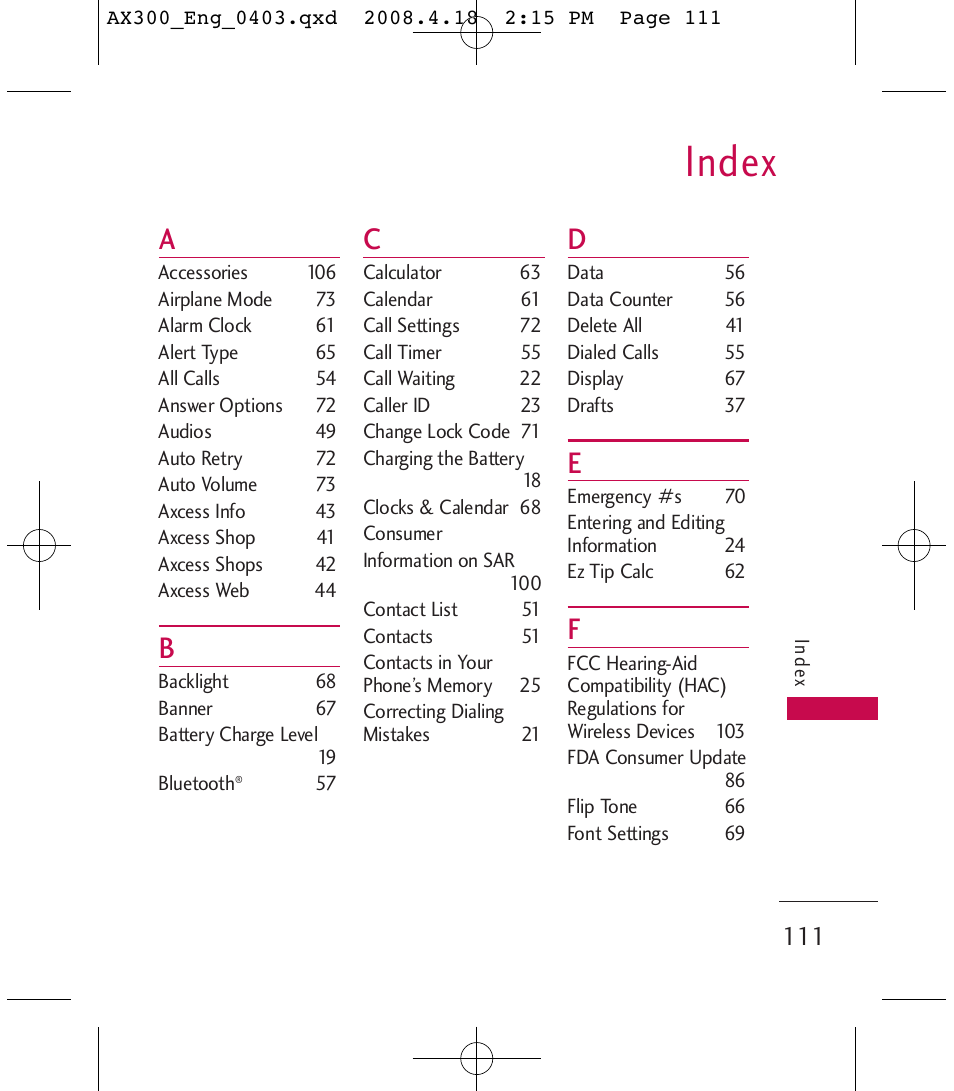 Index | LG LGAX300 User Manual | Page 113 / 115