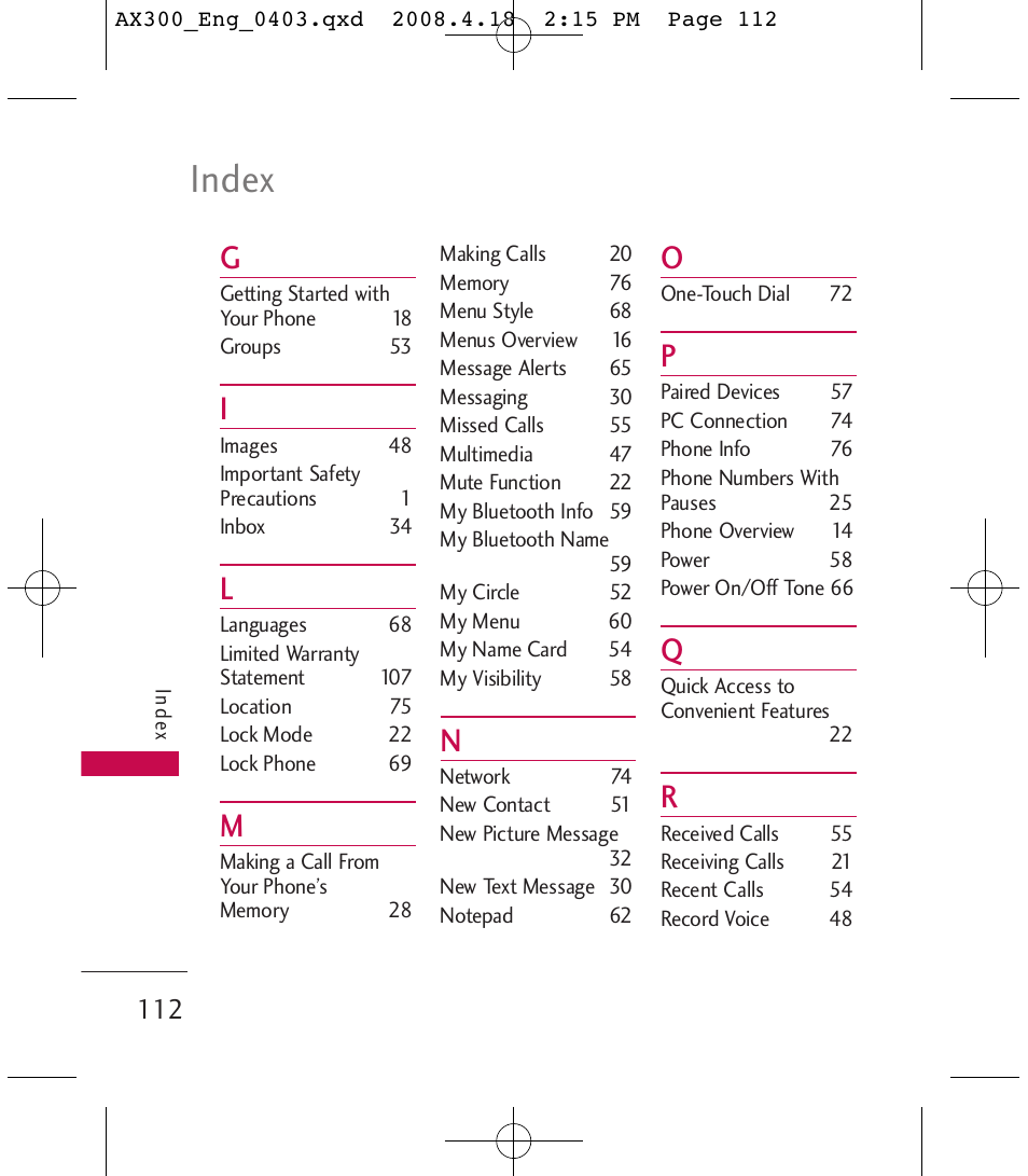 Index | LG LGAX300 User Manual | Page 114 / 115