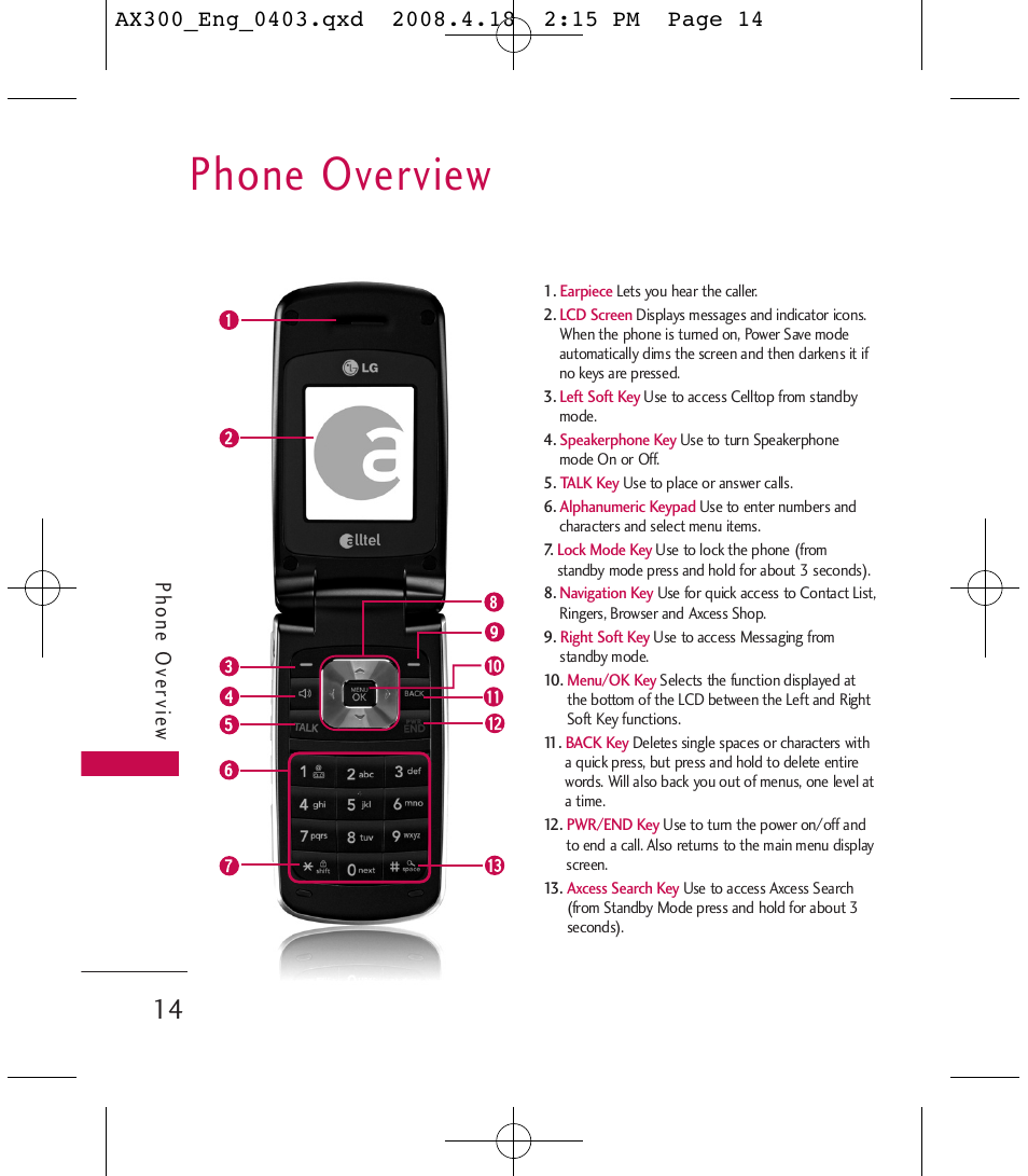 Phone overview, Phone ov ervie w | LG LGAX300 User Manual | Page 16 / 115