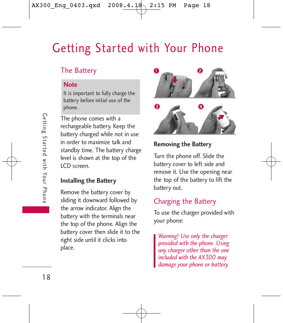 Getting started with your phone | LG LGAX300 User Manual | Page 20 / 115