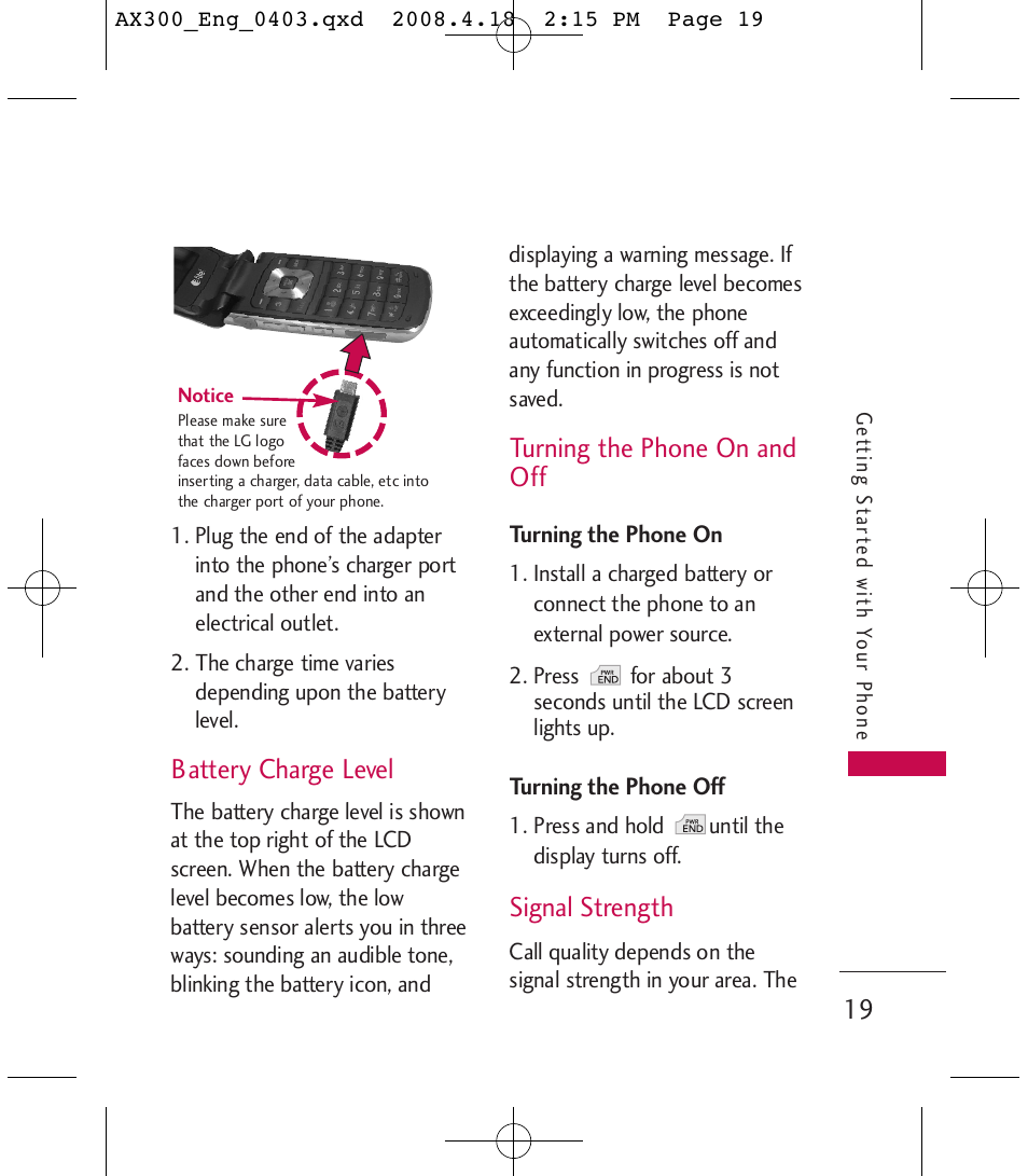 Battery charge level, Turning the phone on and off, Signal strength | LG LGAX300 User Manual | Page 21 / 115