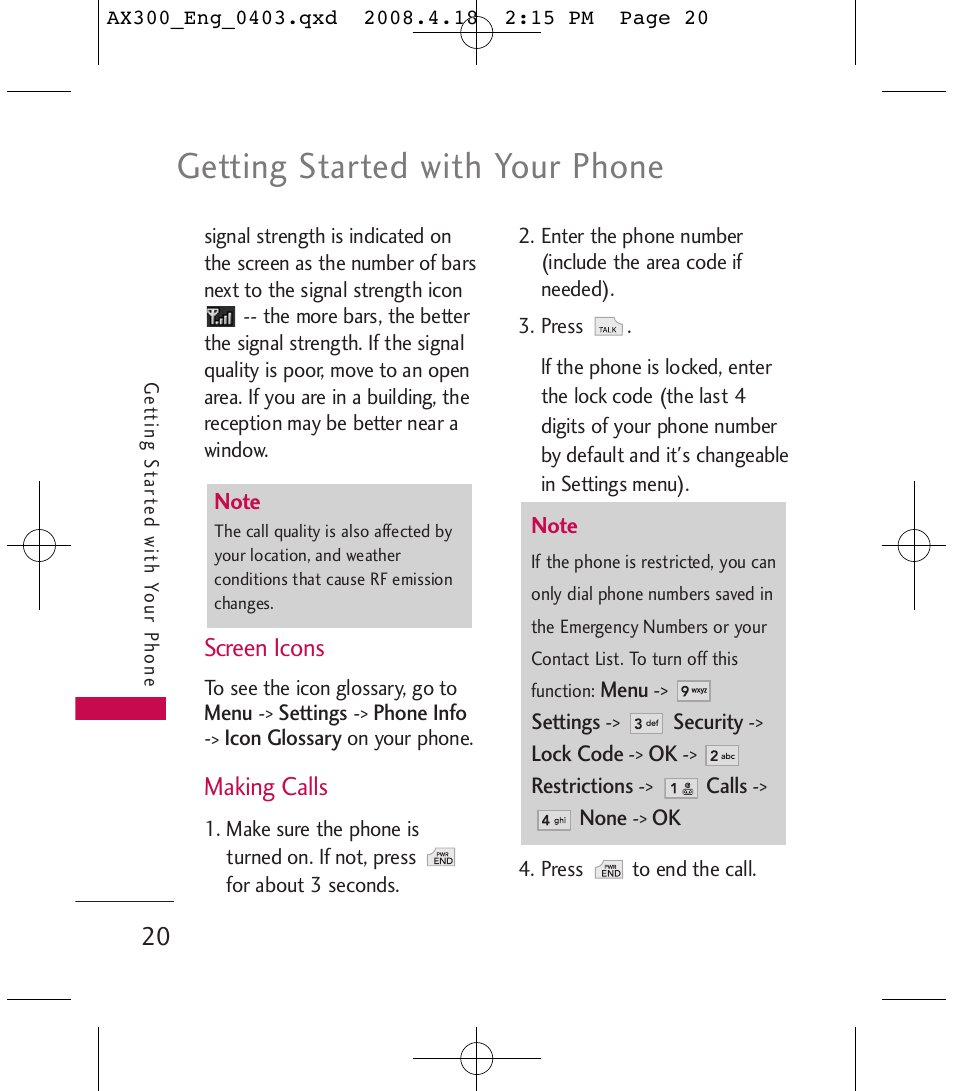 Getting started with your phone, Screen icons, Making calls | LG LGAX300 User Manual | Page 22 / 115