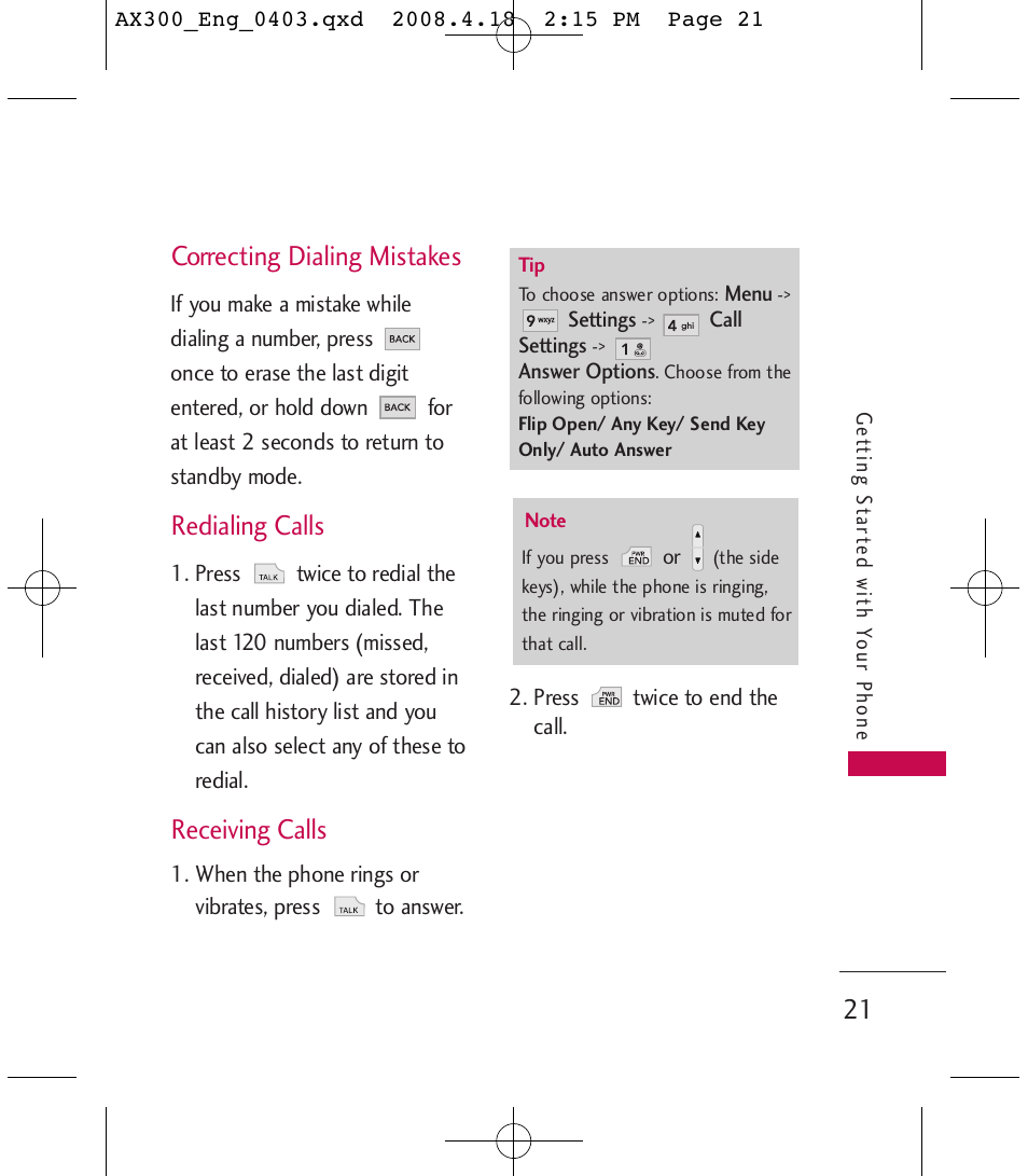 Correcting dialing mistakes, Redialing calls, Receiving calls | LG LGAX300 User Manual | Page 23 / 115