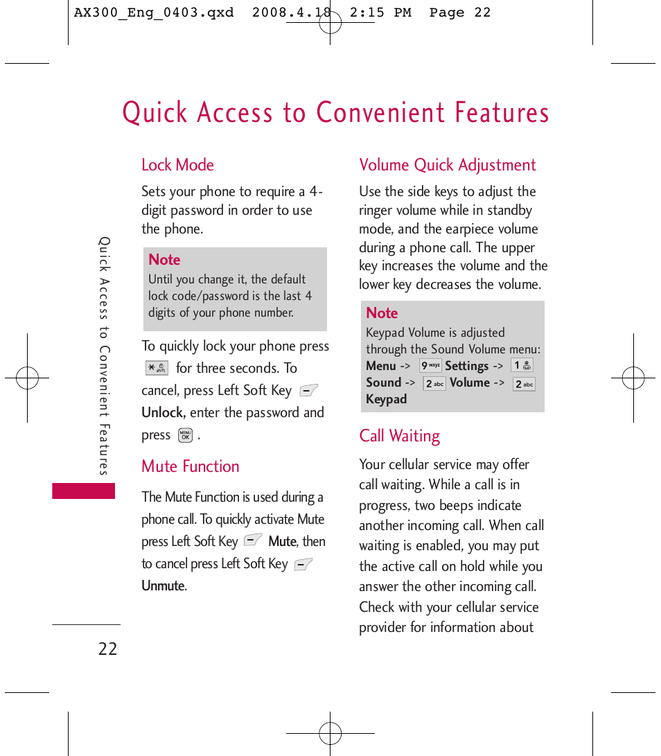 Quick access to convenient features | LG LGAX300 User Manual | Page 24 / 115