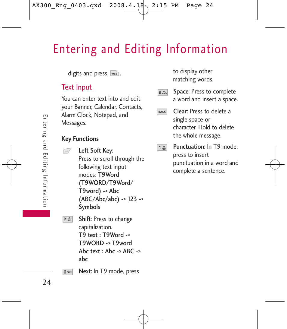 Entering and editing information | LG LGAX300 User Manual | Page 26 / 115