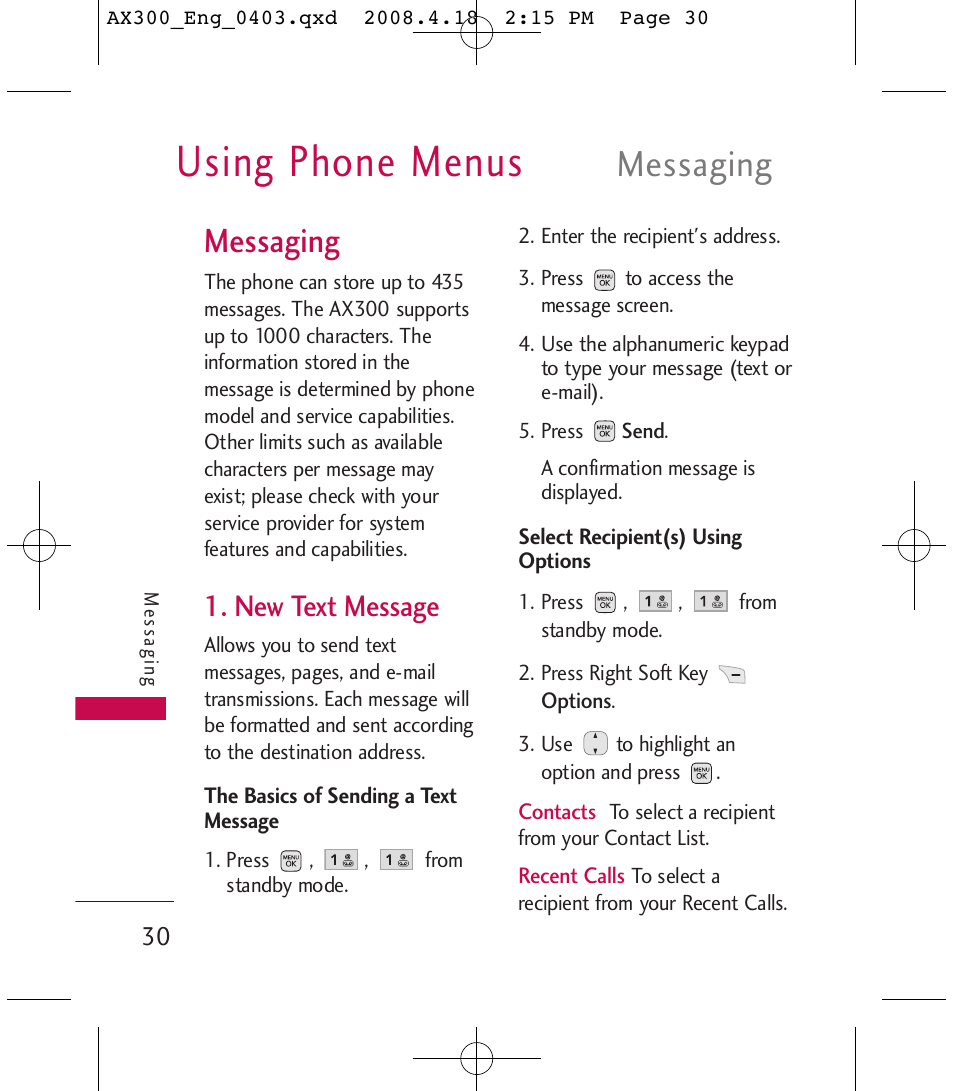 Using phone menus, Messaging, New text message | LG LGAX300 User Manual | Page 32 / 115