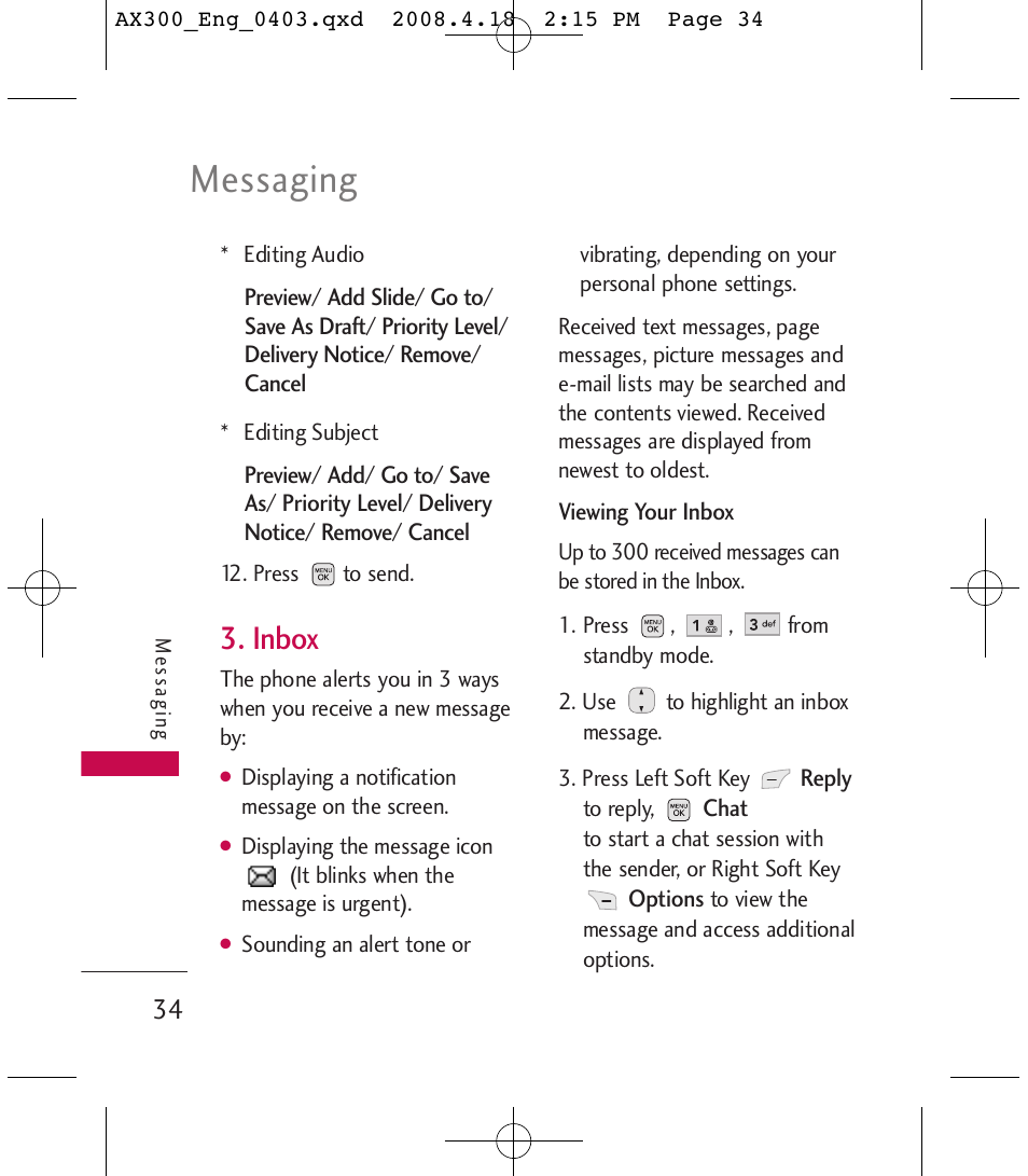 Messaging, Inbox | LG LGAX300 User Manual | Page 36 / 115