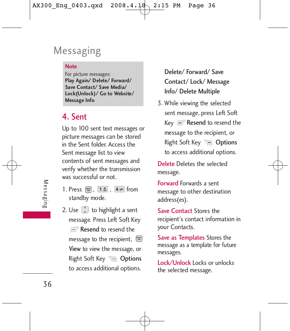 Messaging, Sent | LG LGAX300 User Manual | Page 38 / 115