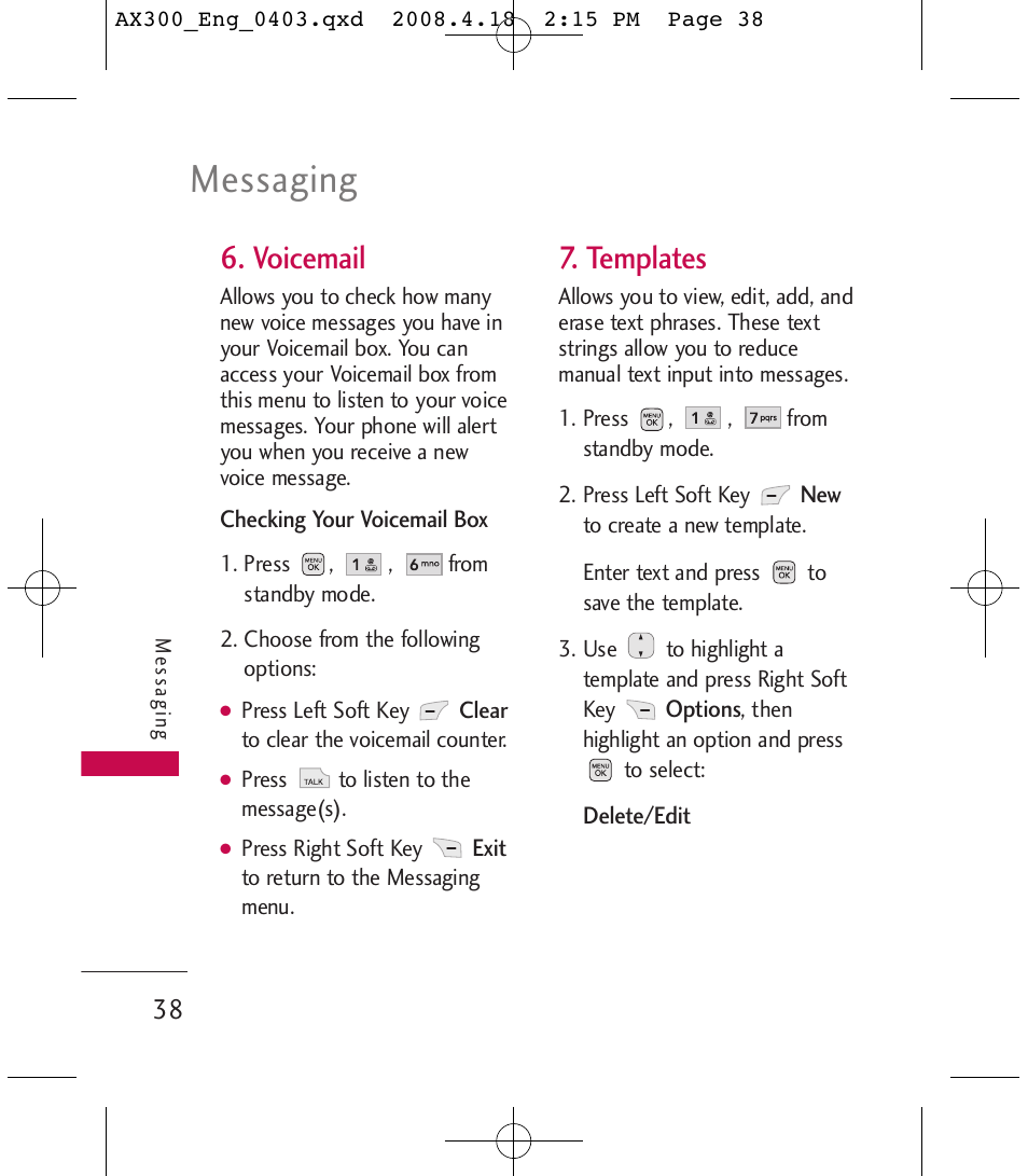 Messaging, Voicemail, Templates | LG LGAX300 User Manual | Page 40 / 115