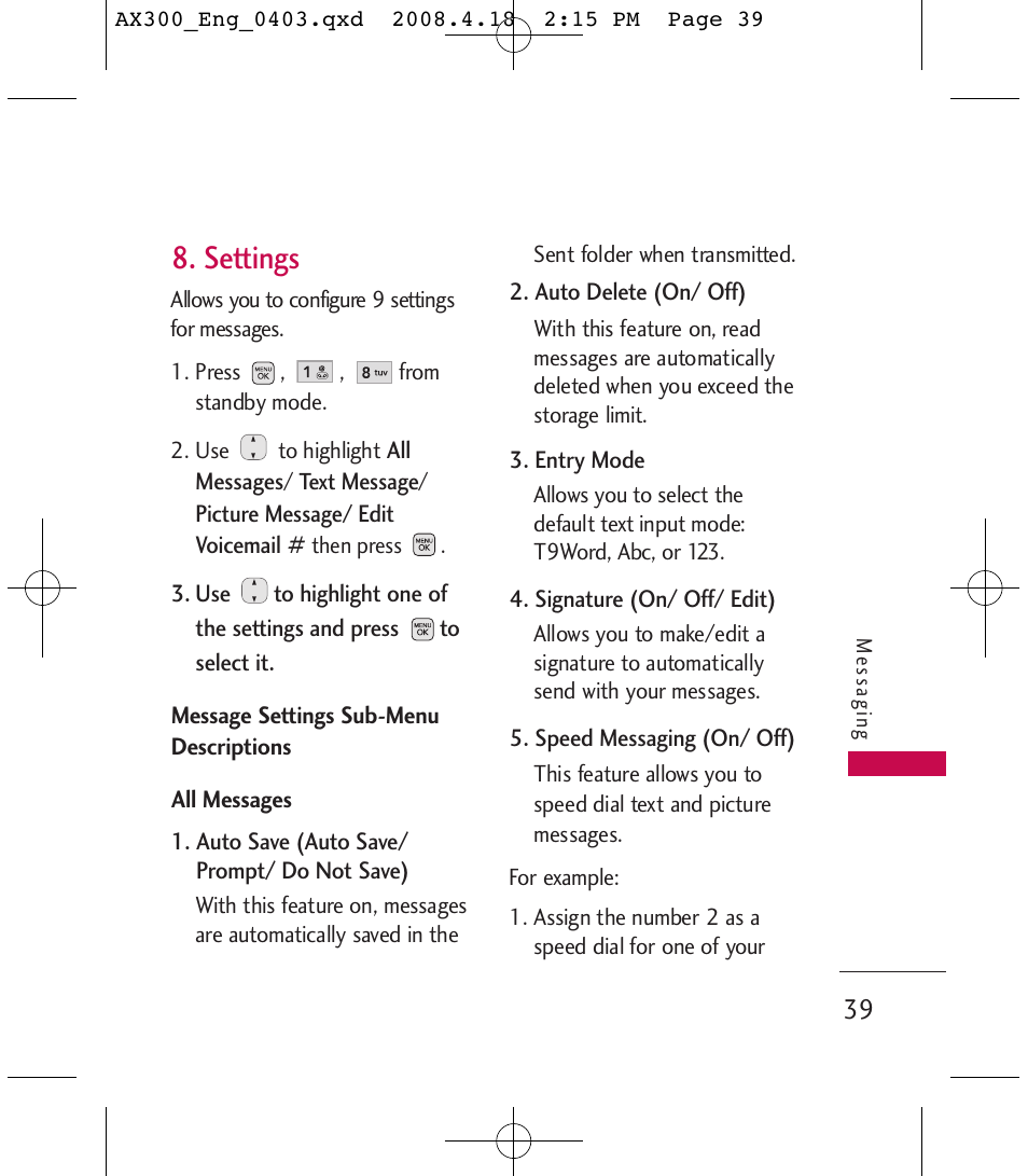 Settings | LG LGAX300 User Manual | Page 41 / 115