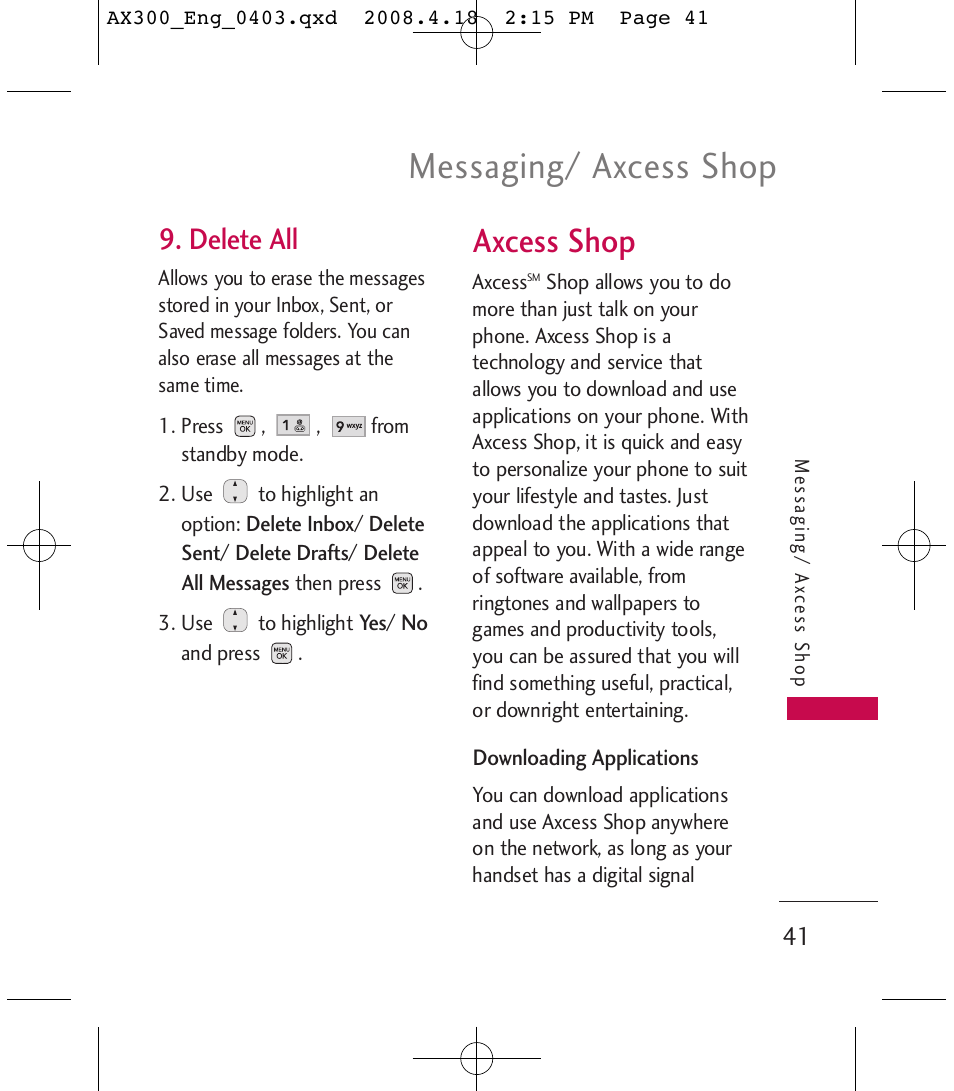 Messaging/ axcess shop, Axcess shop, Delete all | LG LGAX300 User Manual | Page 43 / 115