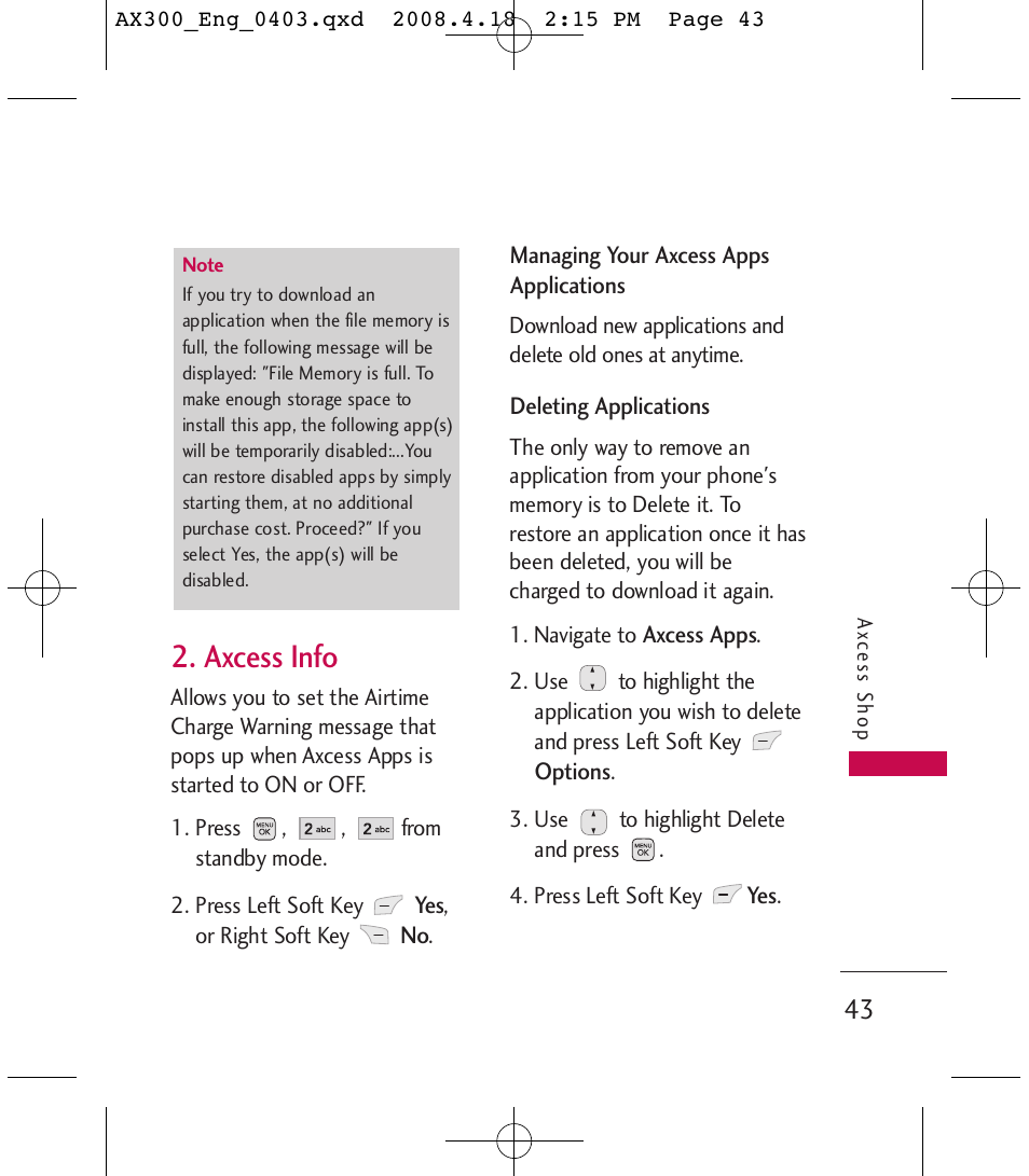 Axcess info | LG LGAX300 User Manual | Page 45 / 115