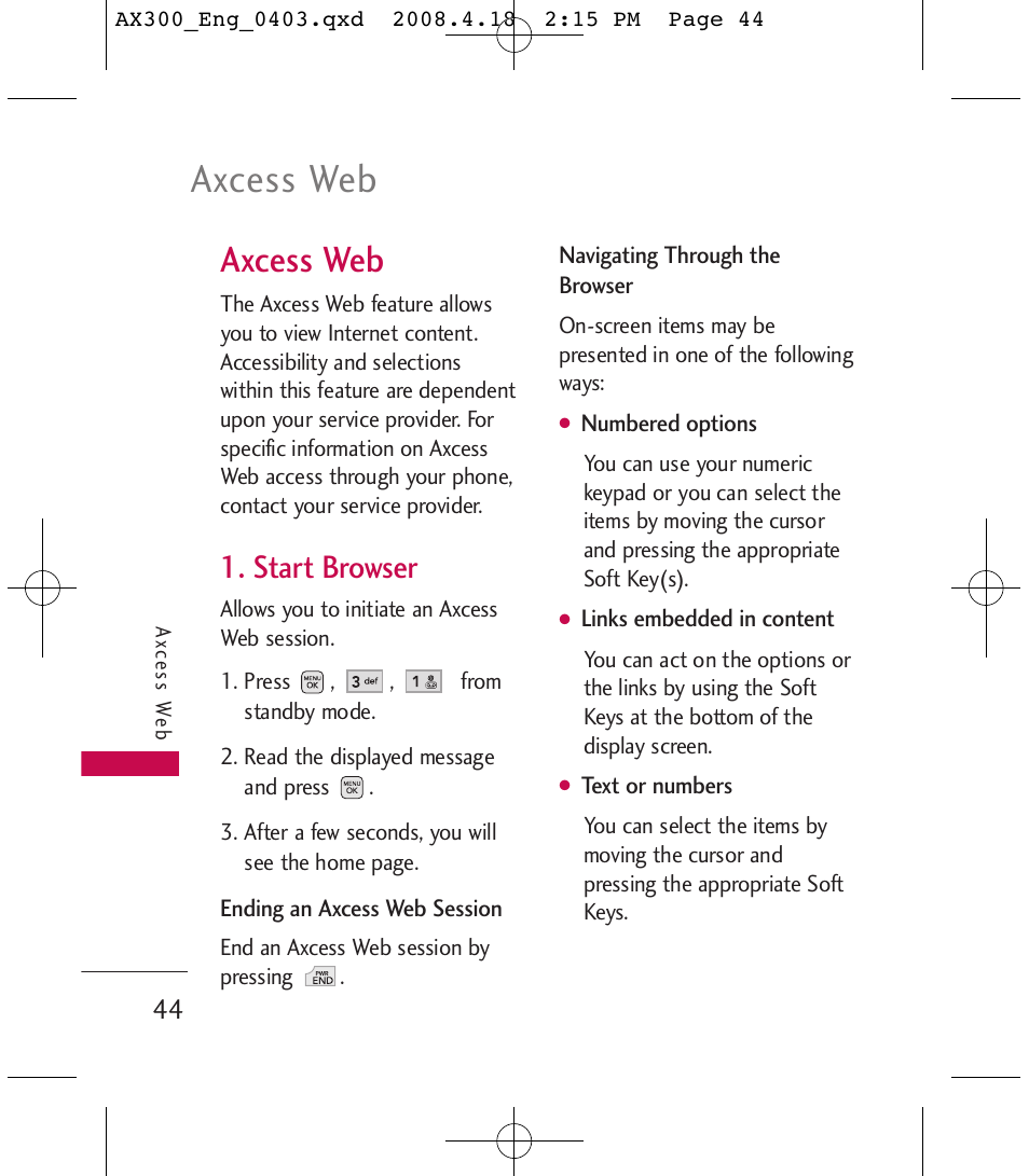 Axcess web, Start browser | LG LGAX300 User Manual | Page 46 / 115