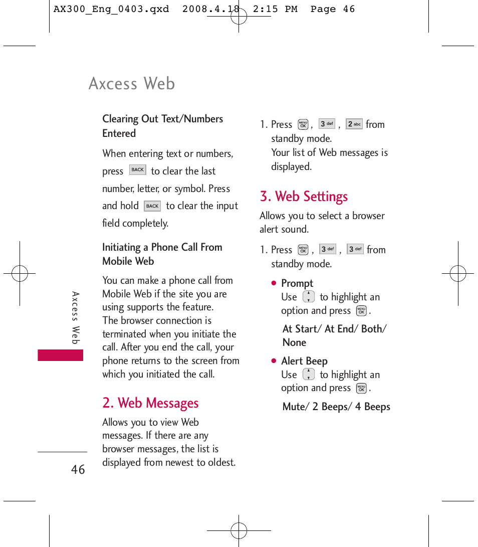 Axcess web, Web messages, Web settings | LG LGAX300 User Manual | Page 48 / 115