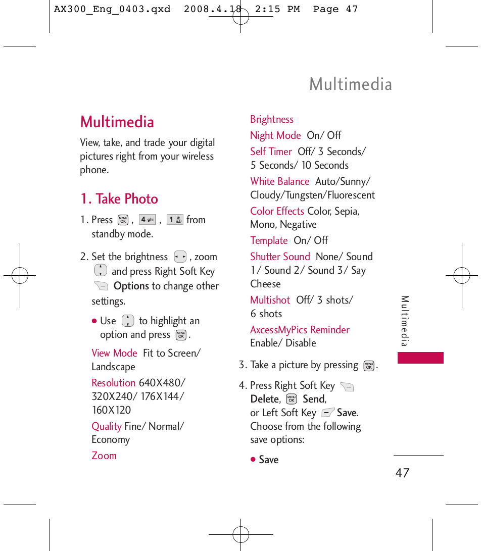 Multimedia, Take photo | LG LGAX300 User Manual | Page 49 / 115