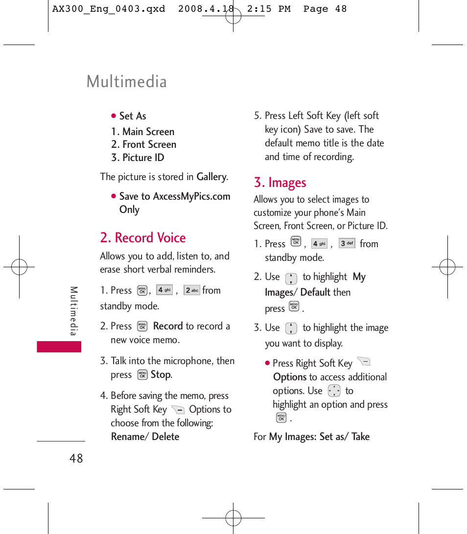 Multimedia, Record voice, Images | LG LGAX300 User Manual | Page 50 / 115