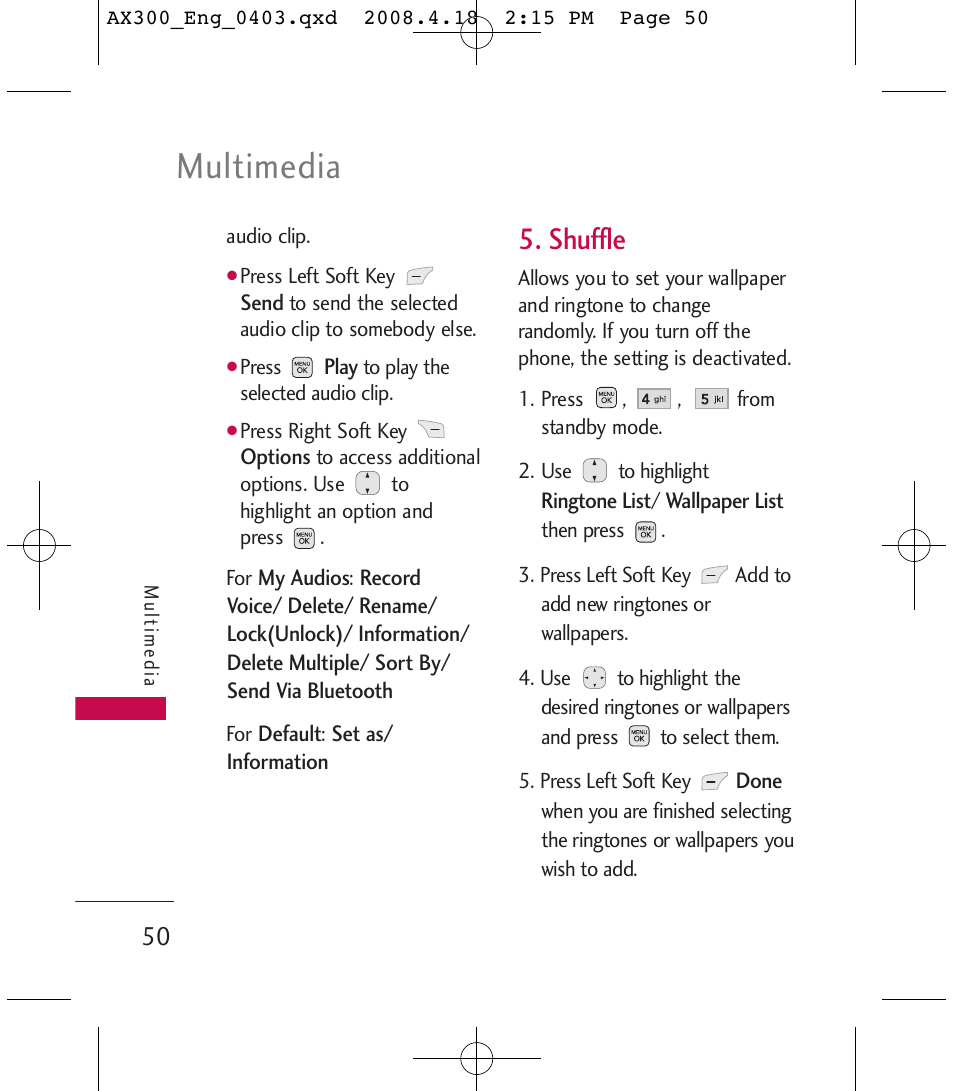 Multimedia, Shuffle | LG LGAX300 User Manual | Page 52 / 115