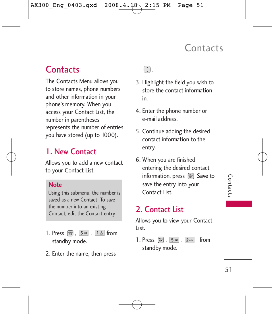 Contacts, New contact, Contact list | LG LGAX300 User Manual | Page 53 / 115