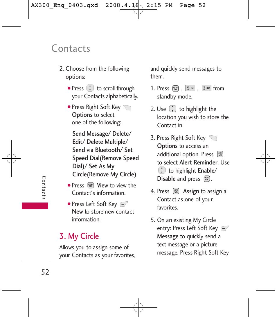 Contacts, My circle | LG LGAX300 User Manual | Page 54 / 115