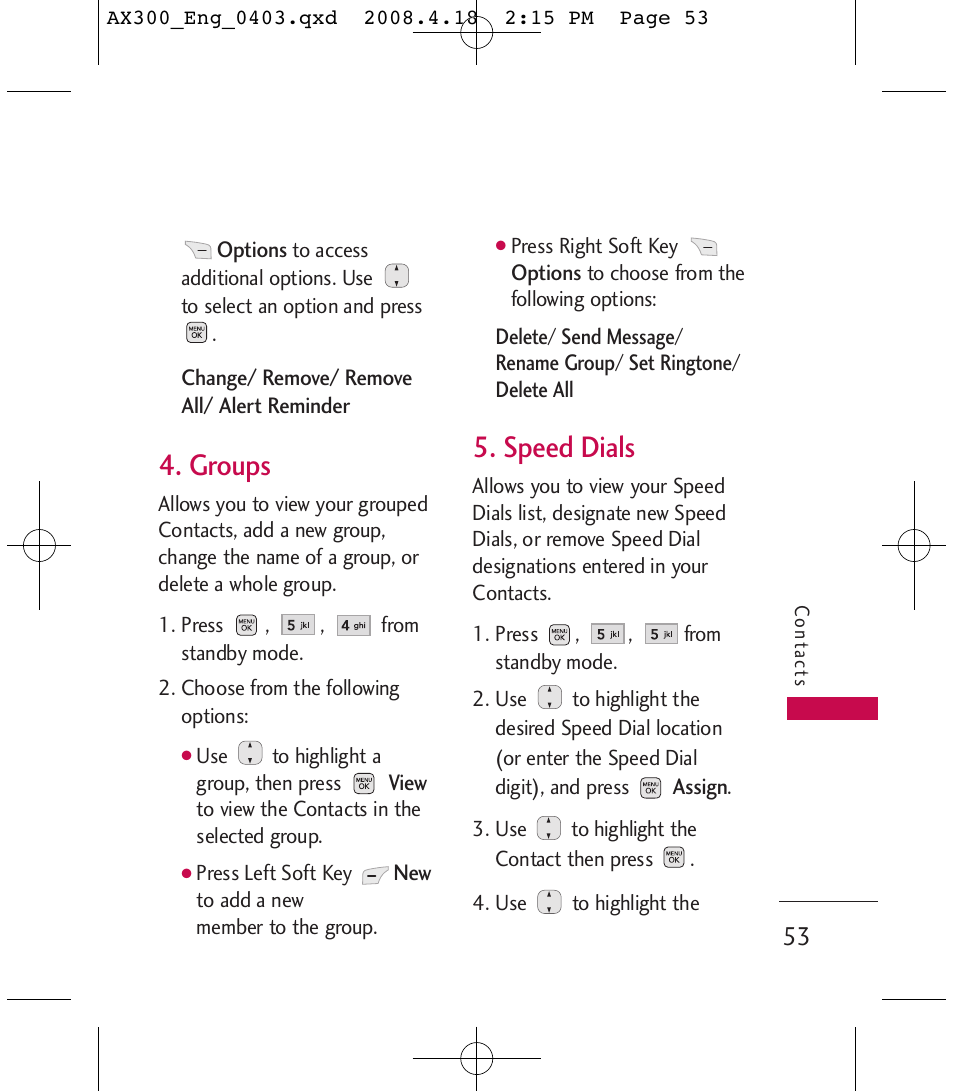 Groups, Speed dials | LG LGAX300 User Manual | Page 55 / 115