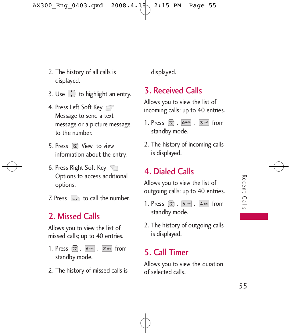 Missed calls, Received calls, Dialed calls | Call timer | LG LGAX300 User Manual | Page 57 / 115