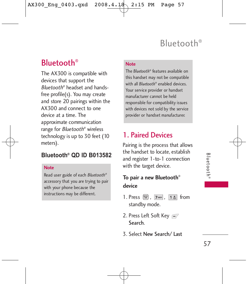 Bluetooth, Paired devices | LG LGAX300 User Manual | Page 59 / 115