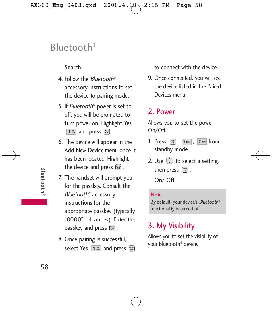 Bluetooth, Power, My visibility | LG LGAX300 User Manual | Page 60 / 115