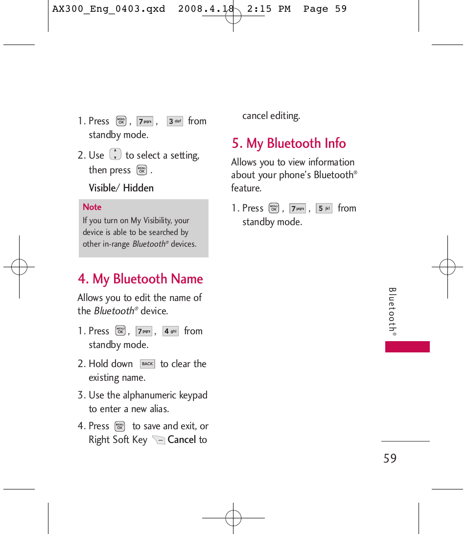 My bluetooth name, My bluetooth info | LG LGAX300 User Manual | Page 61 / 115