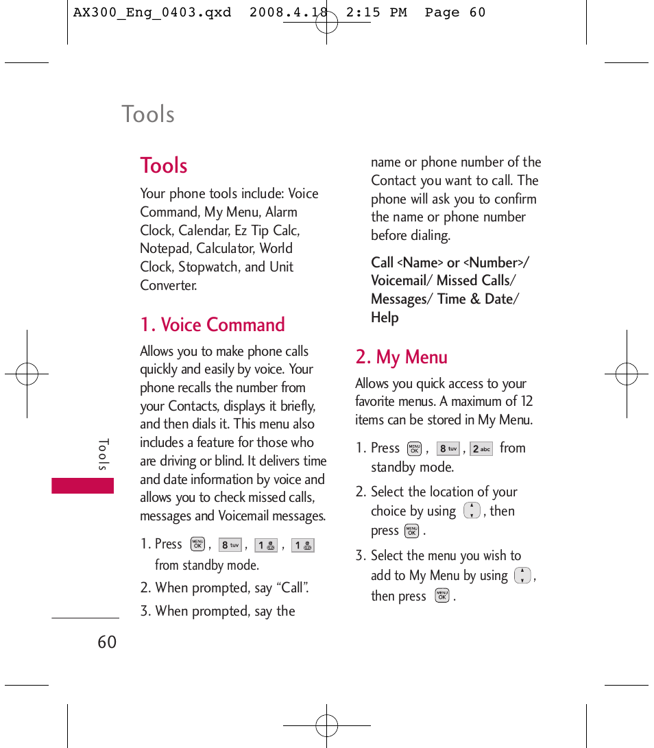 Tools, Voice command, My menu | LG LGAX300 User Manual | Page 62 / 115