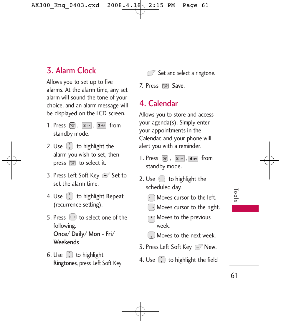 Alarm clock, Calendar | LG LGAX300 User Manual | Page 63 / 115