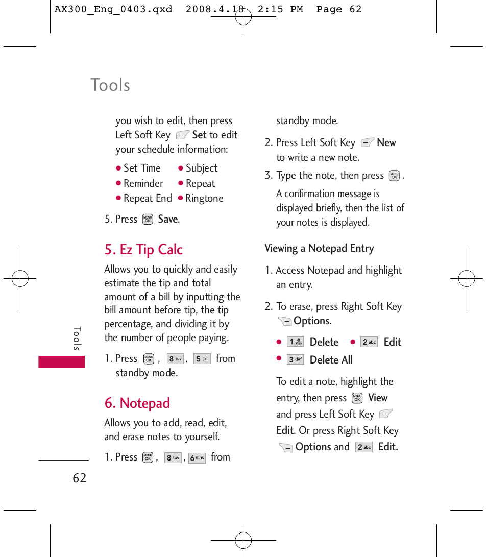 Tools, Ez tip calc | LG LGAX300 User Manual | Page 64 / 115