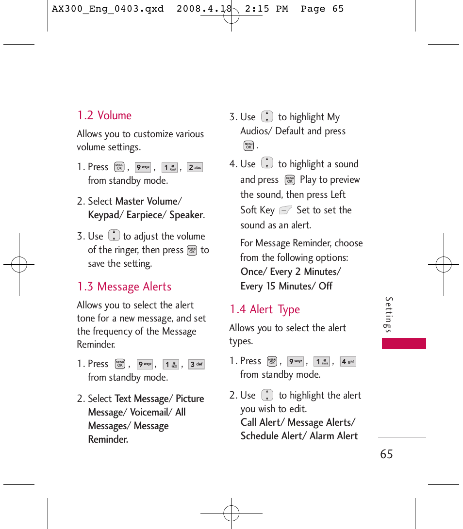 2 volume, 3 message alerts, 4 alert type | LG LGAX300 User Manual | Page 67 / 115