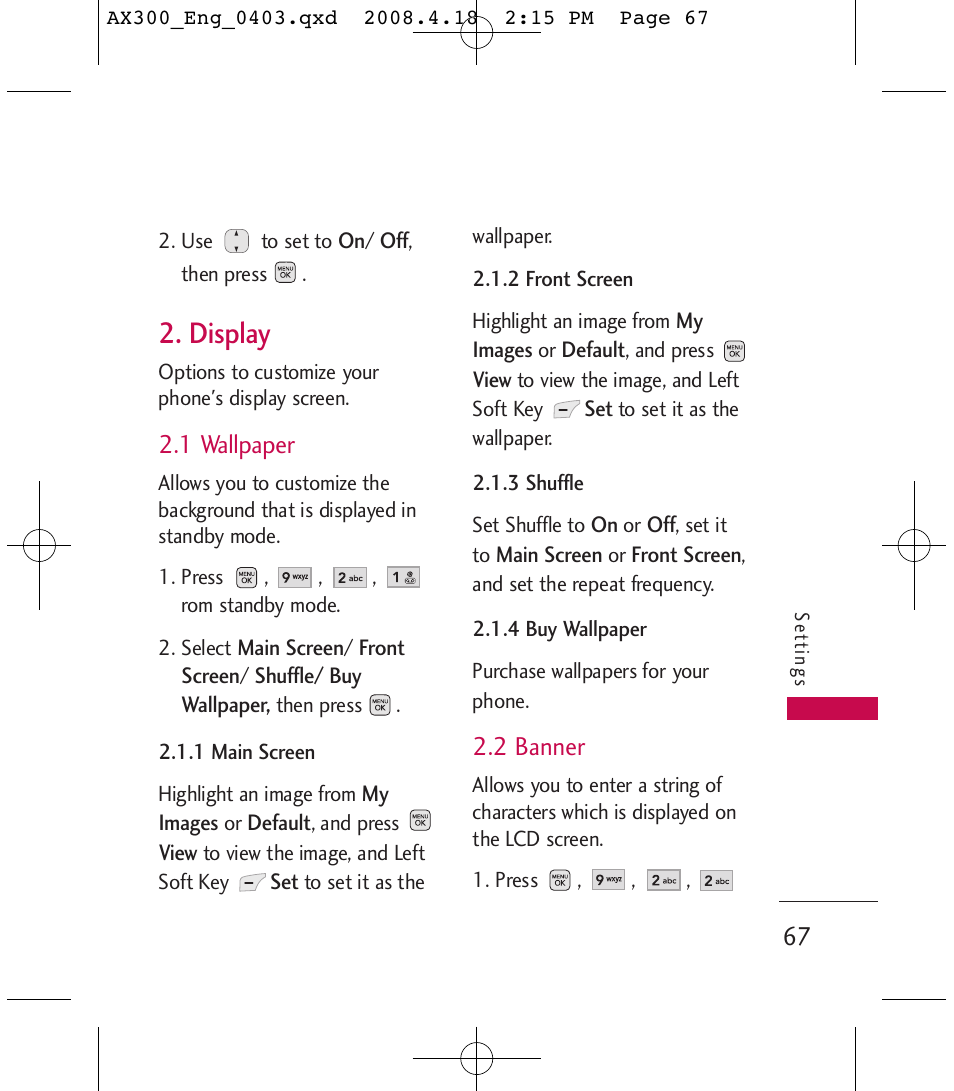 Display, 1 wallpaper, 2 banner | LG LGAX300 User Manual | Page 69 / 115