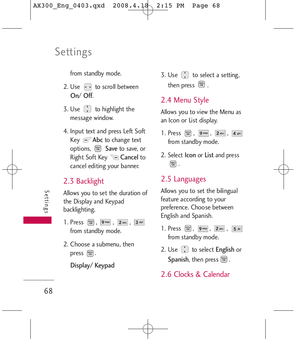 Settings | LG LGAX300 User Manual | Page 70 / 115