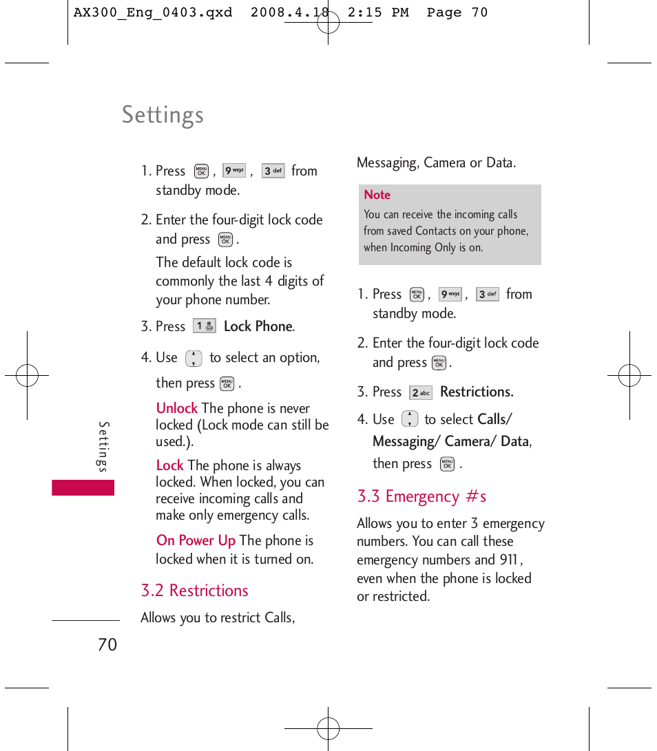 Settings, 2 restrictions, 3 emergency #s | LG LGAX300 User Manual | Page 72 / 115