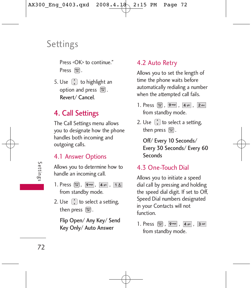 Settings, Call settings | LG LGAX300 User Manual | Page 74 / 115