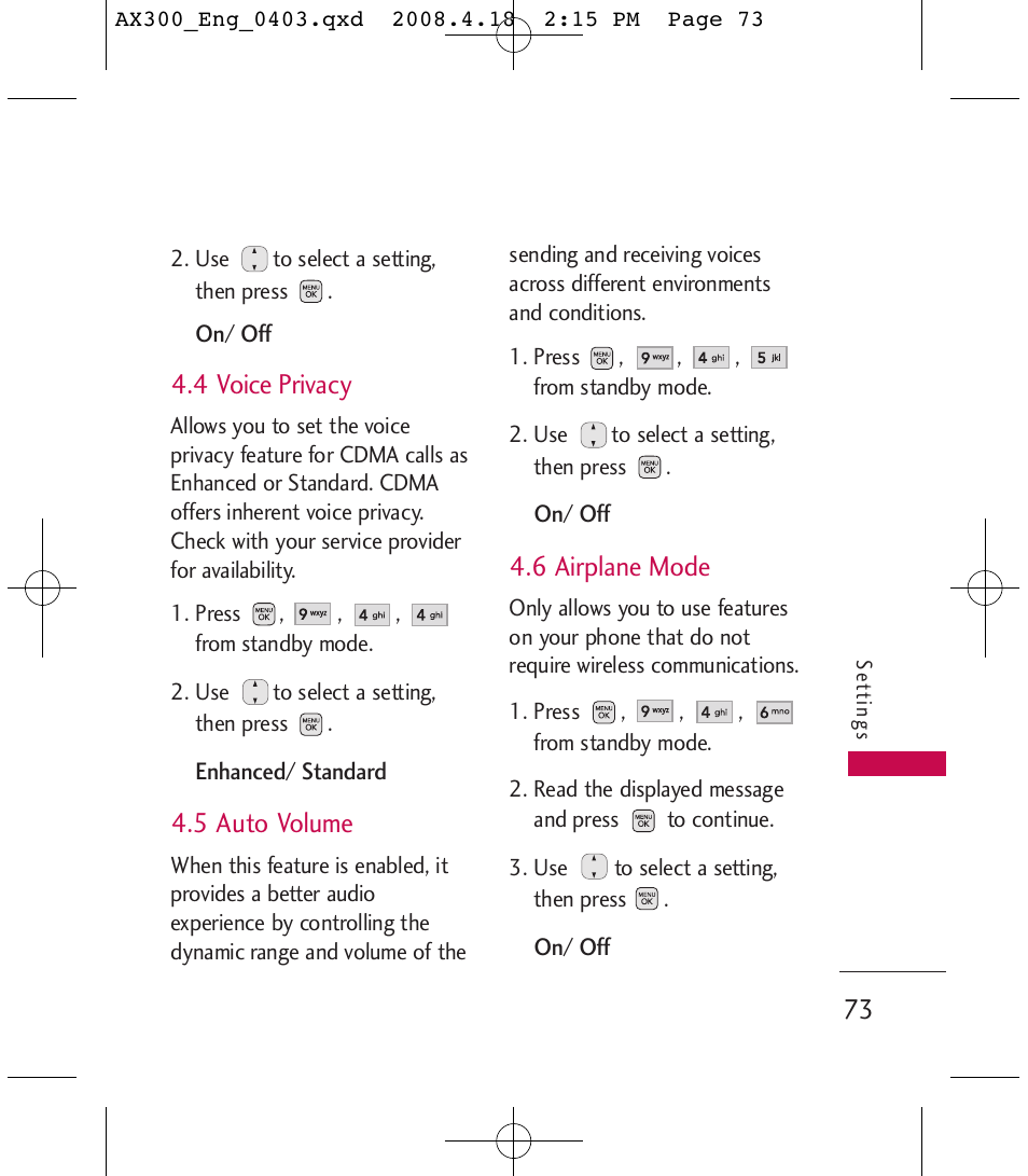 4 voice privacy, 5 auto volume, 6 airplane mode | LG LGAX300 User Manual | Page 75 / 115