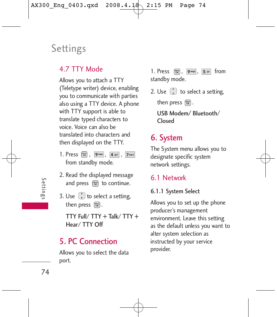 Settings, Pc connection, System | LG LGAX300 User Manual | Page 76 / 115