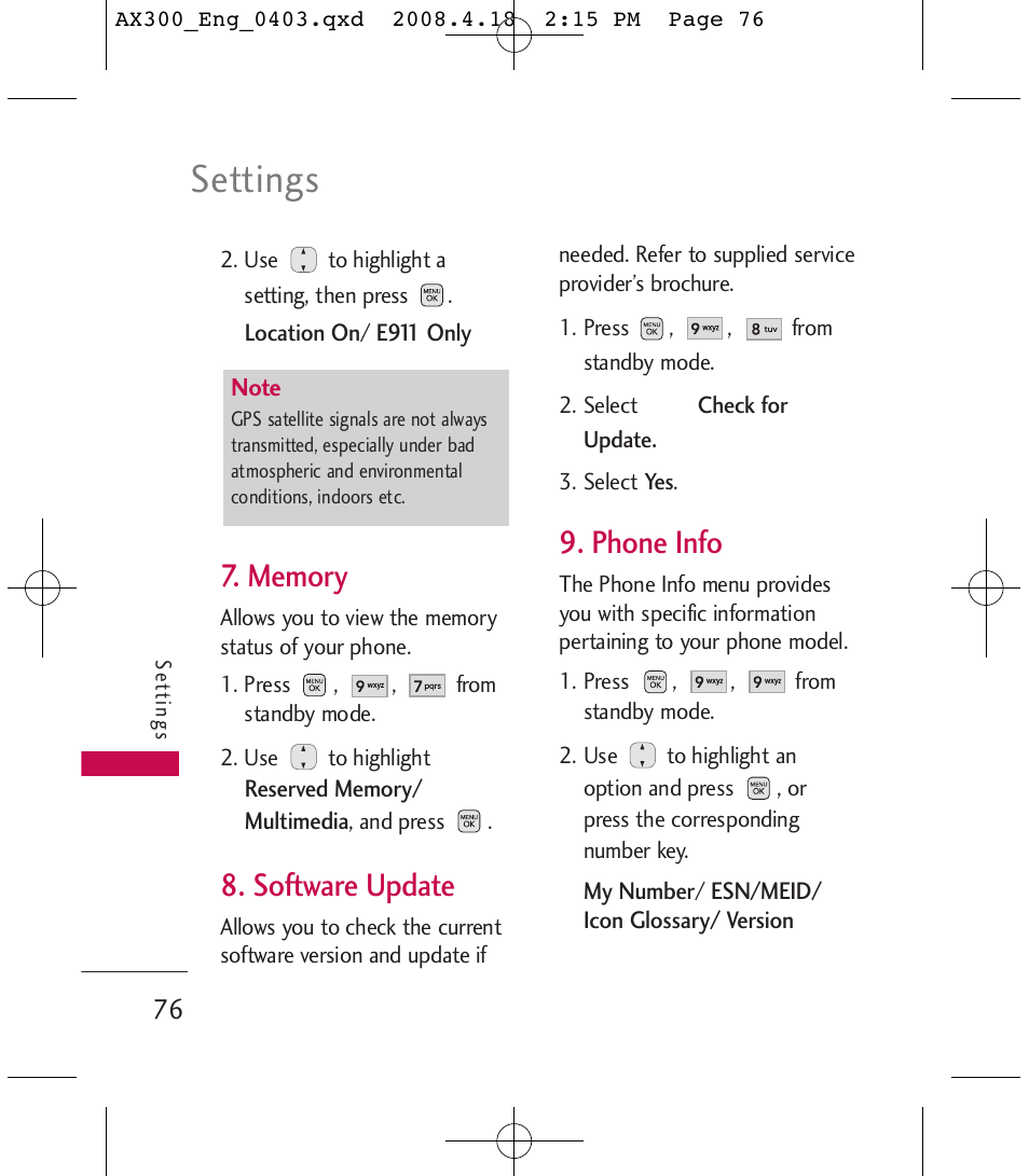 Settings, Software update, Phone info | LG LGAX300 User Manual | Page 78 / 115