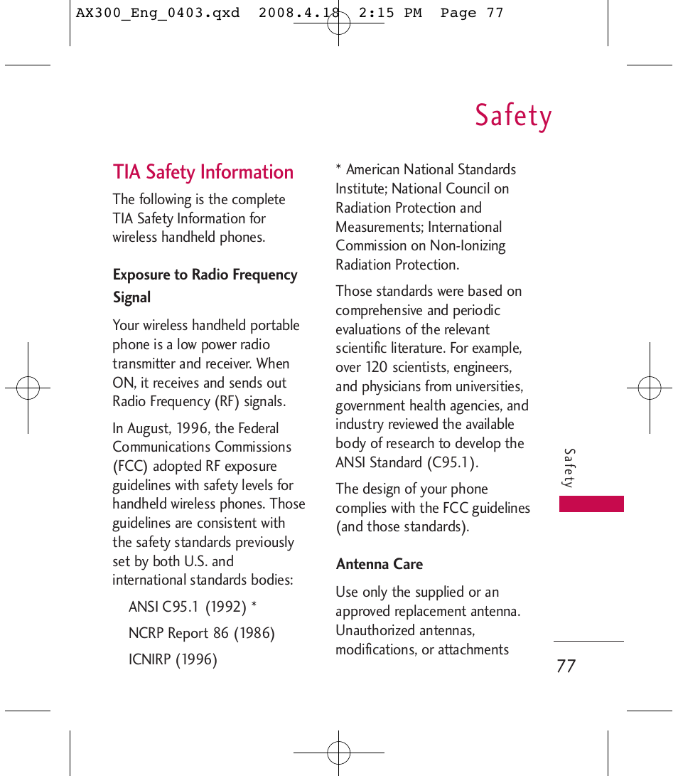 Safety, Tia safety information | LG LGAX300 User Manual | Page 79 / 115