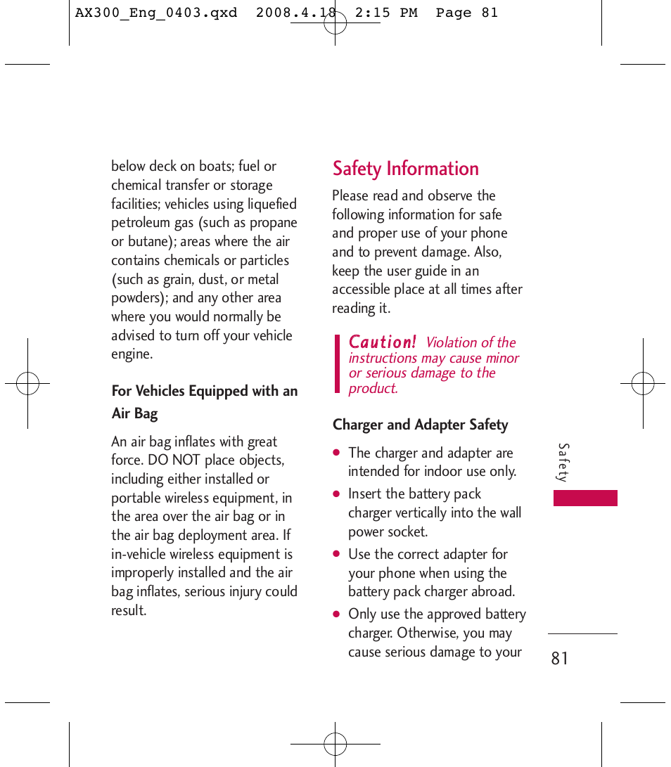 Safety information, Ccaauuttiioonn | LG LGAX300 User Manual | Page 83 / 115