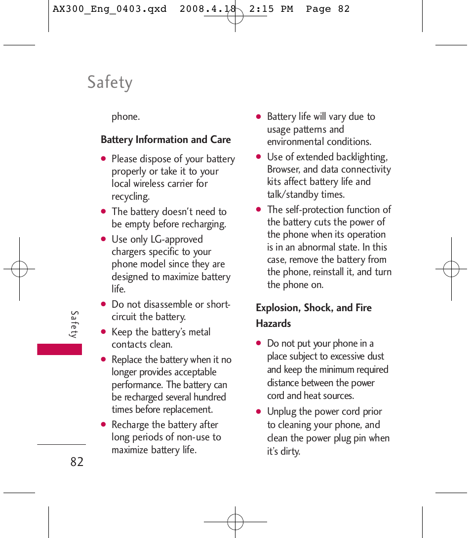 Safety, Battery information and care, Explosion, shock, and fire hazards | LG LGAX300 User Manual | Page 84 / 115