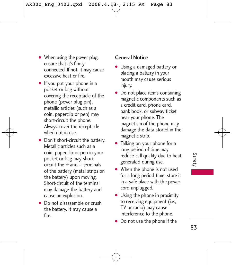 General notice, Do not use the phone if the | LG LGAX300 User Manual | Page 85 / 115