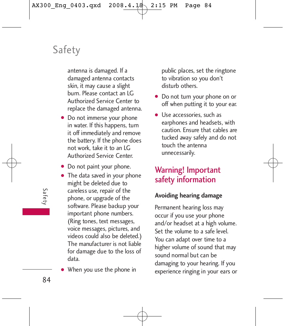 Safety, Warning! important safety information | LG LGAX300 User Manual | Page 86 / 115