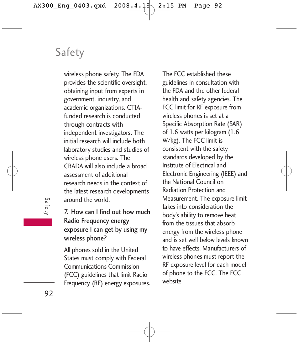 Safety | LG LGAX300 User Manual | Page 94 / 115