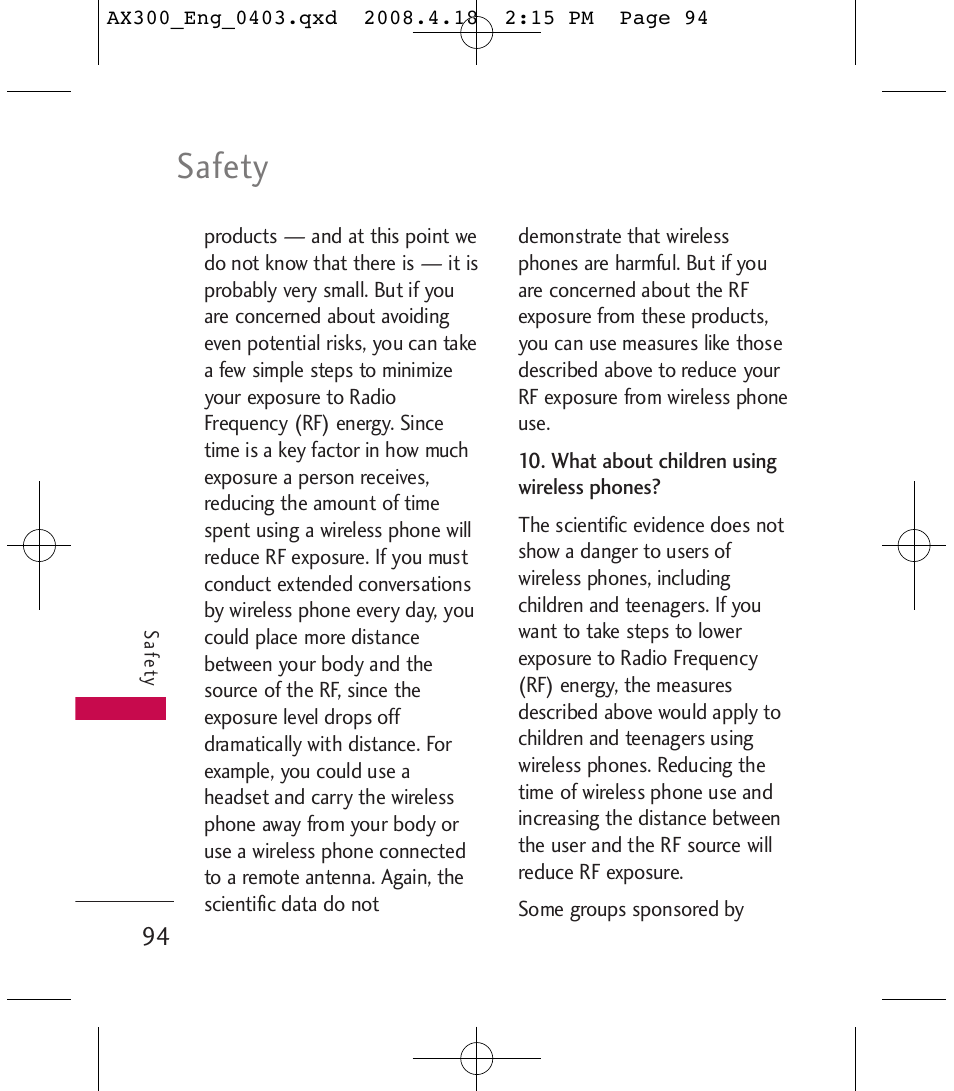 Safety | LG LGAX300 User Manual | Page 96 / 115