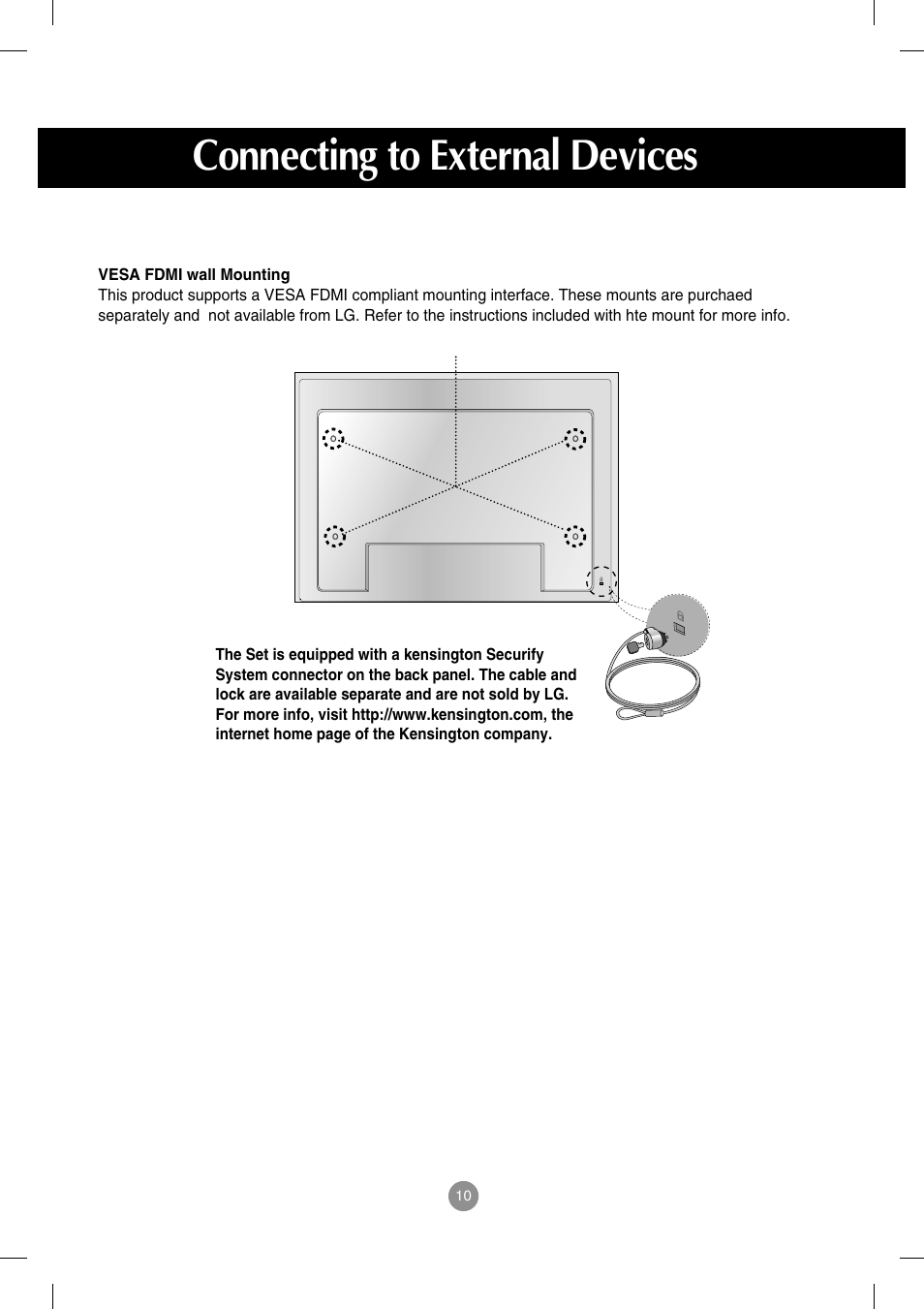 Vesa fdmi wall mounting, Connecting to external devices | LG M4714C-BAG User Manual | Page 11 / 66