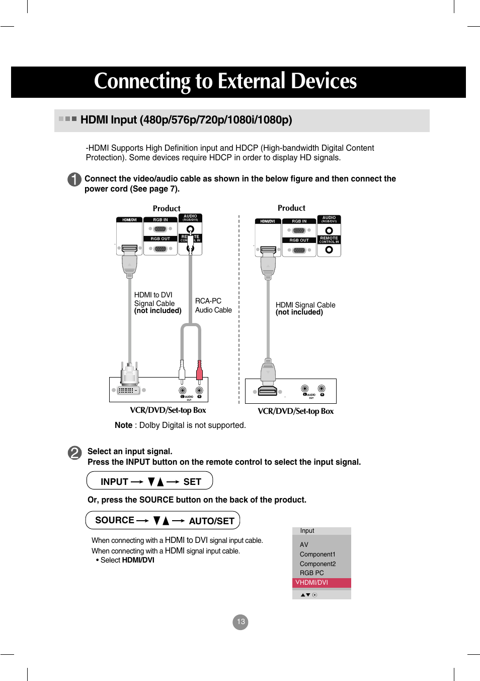 Hdmi input (480p/576p/720p/1080i/1080p), Connecting to external devices | LG M4714C-BAG User Manual | Page 14 / 66