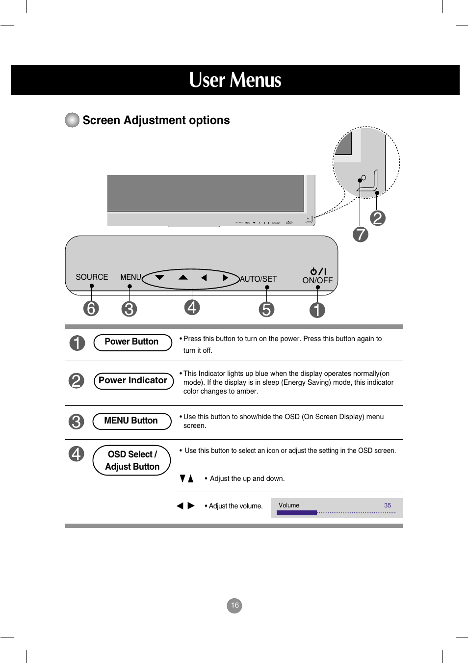 User menus, Screen adjustment options | LG M4714C-BAG User Manual | Page 17 / 66
