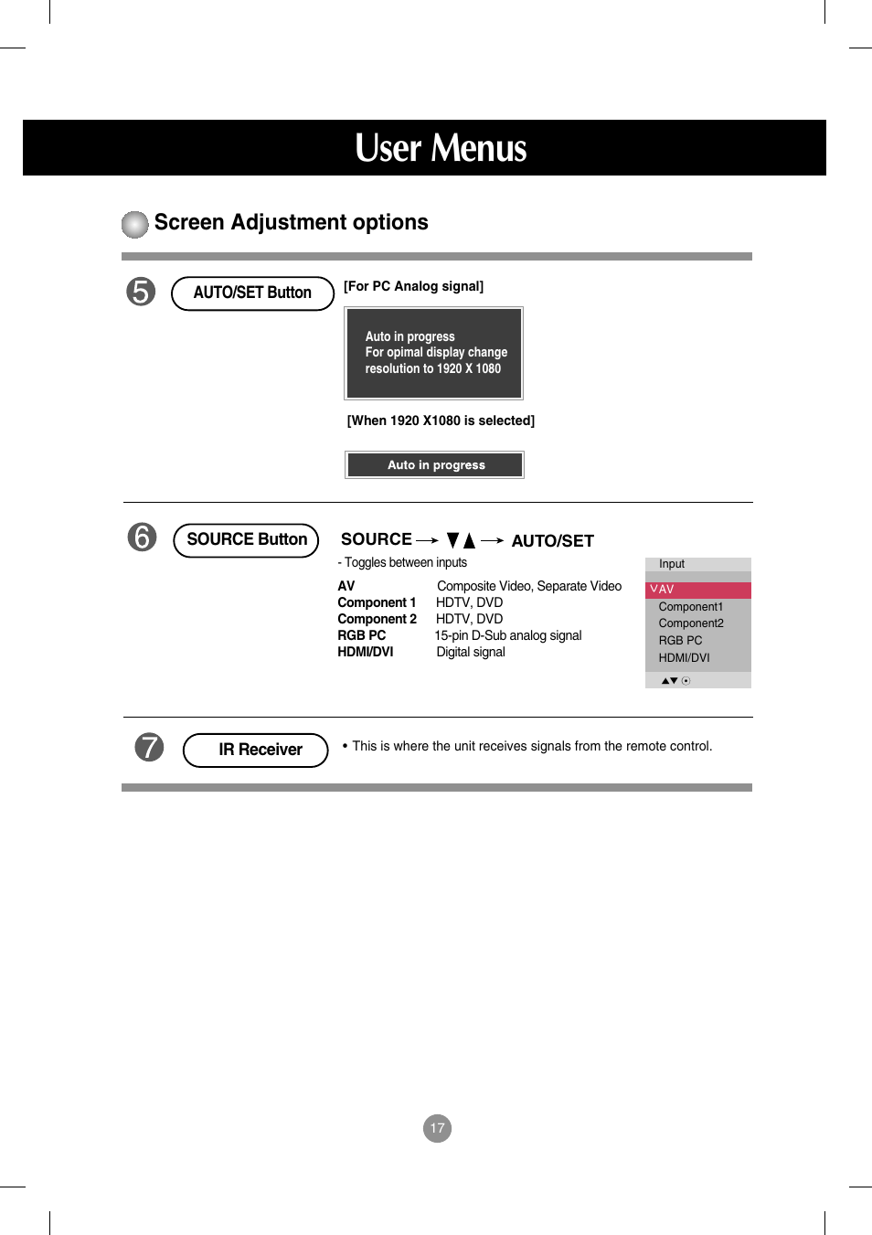 User menus, Screen adjustment options | LG M4714C-BAG User Manual | Page 18 / 66